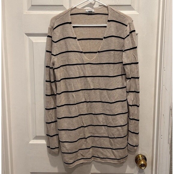 Old‎ Navy Cream And Black Striped V-neck Sweater Tunic Womens Size Large - Picture 1 of 6